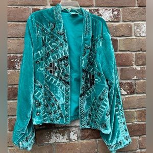 Crazy Train teal velvet western jacket with gray pattern and stones. Size 2x